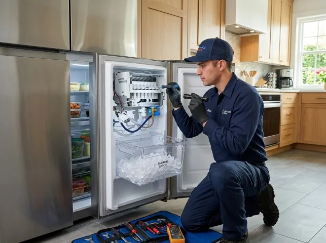 Appliance Repair Hero technician repairing a refrigerator ice maker in Berlin, CT
