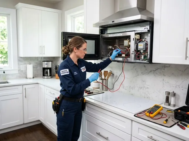 Appliance Repair Hero technician testing an over-the-range microwave in a Berlin, CT kitchen