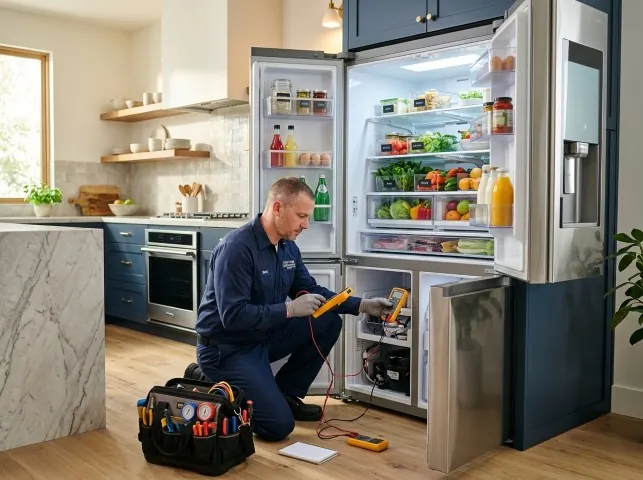 Appliance Repair Hero refrigerator technician testing a fridge on a Berlin, CT service call